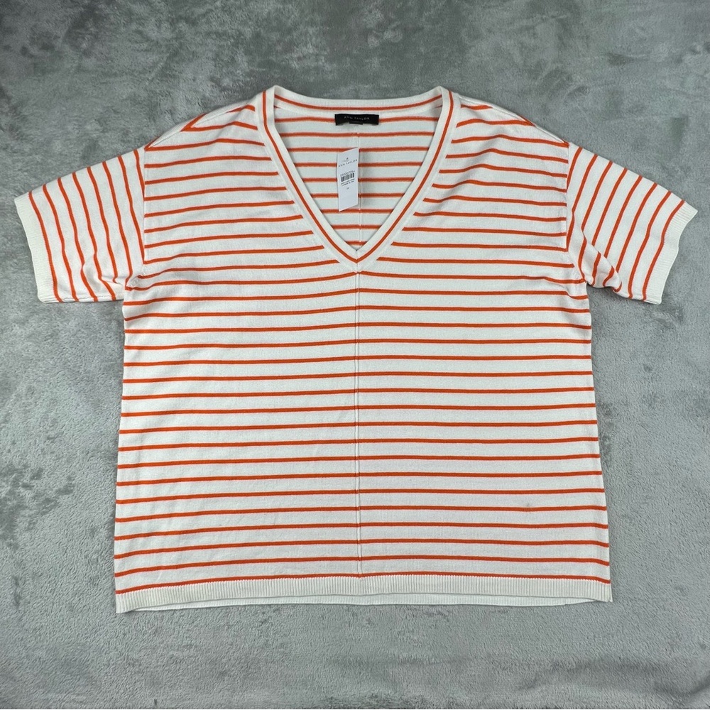 Ann Taylor Womens Sweater Medium White Orange Stripe Silk Blend Short Sleeve NWT